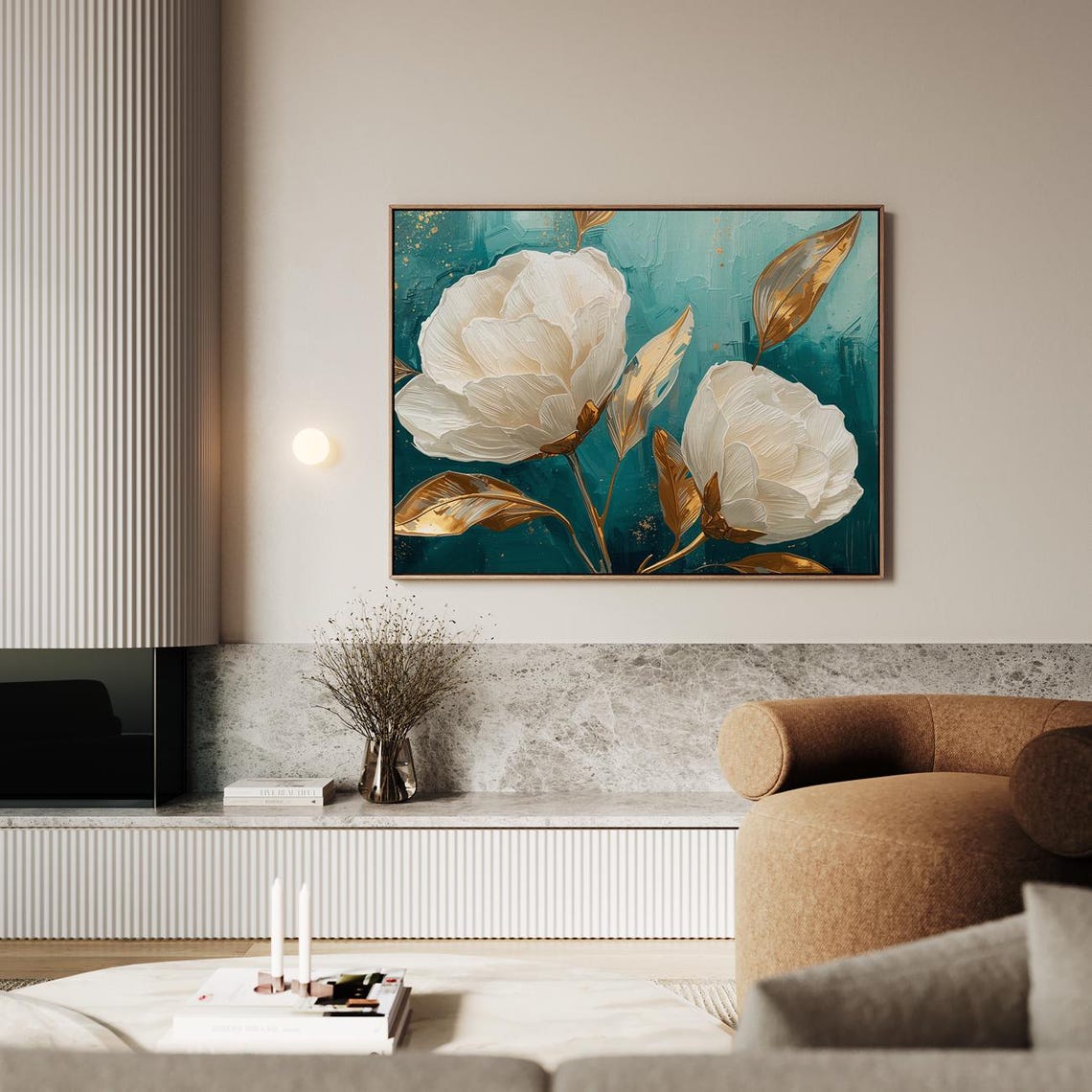 White Floral Turquoise Gold Botanical Painting Statement Poster