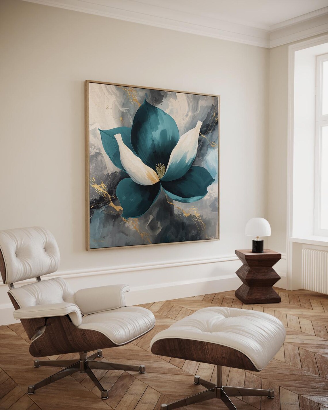 Large Stylized Flower In Turquoise And White With A Flowing Abstract Background Wall Art