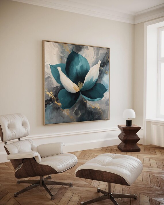 Large Stylized Flower In Turquoise And White With A Flowing Abstract Background Wall Art
