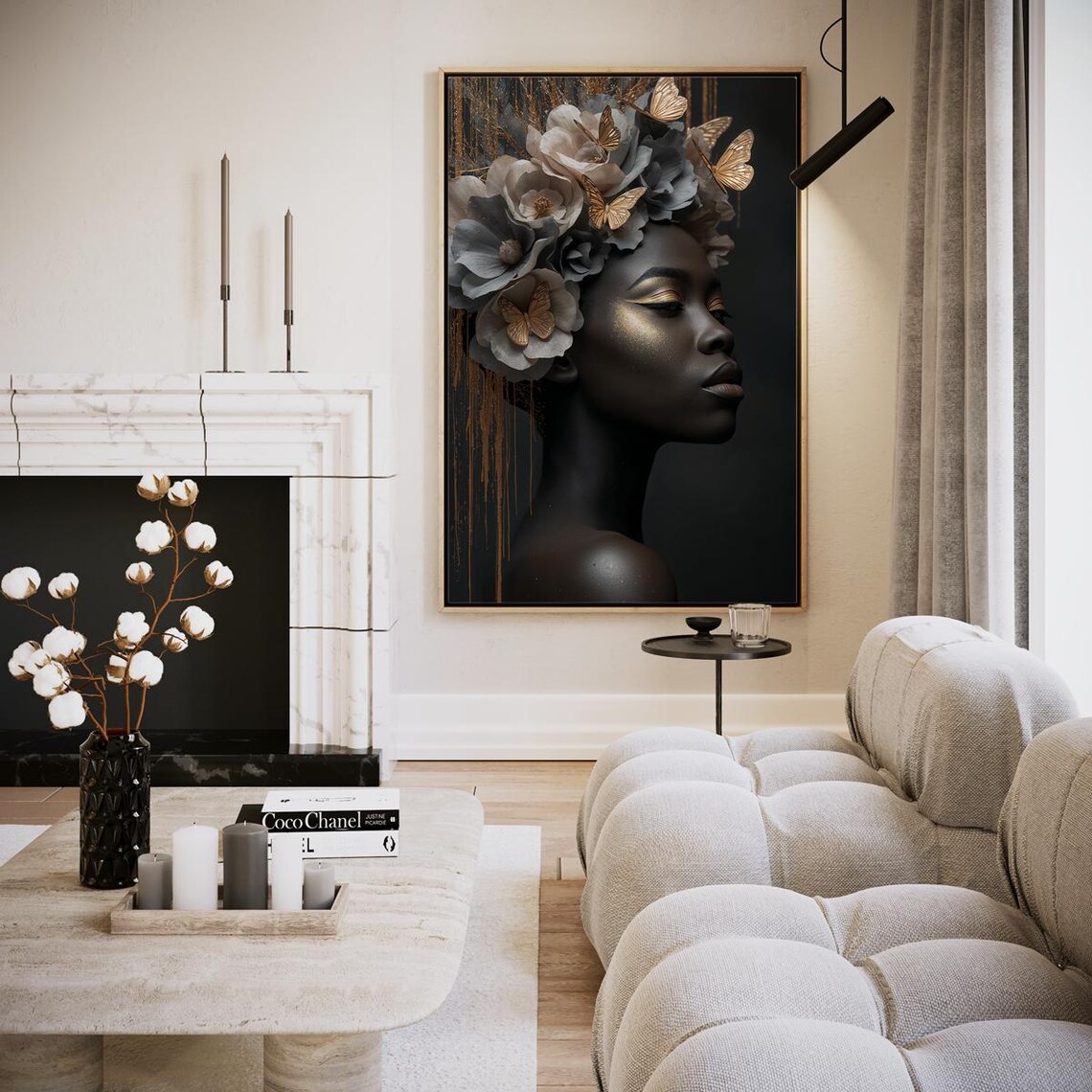 Gold Butterfly Flower Crown Woman Profile Dark Elegant Art Poster