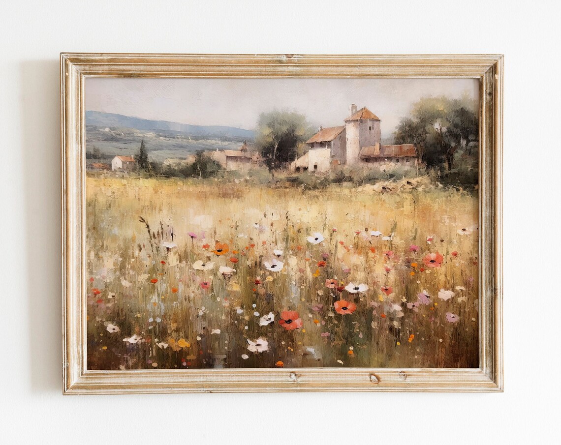 Wildflower Meadow Farmhouse Countryside Vintage Landscape Art Poster