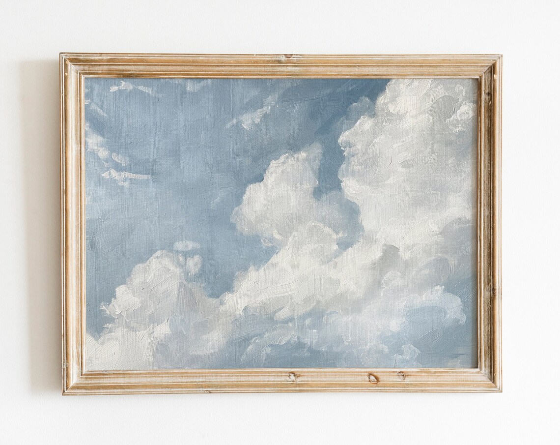 White Billowing Clouds on Blue Sky Impressionist Painting Poster