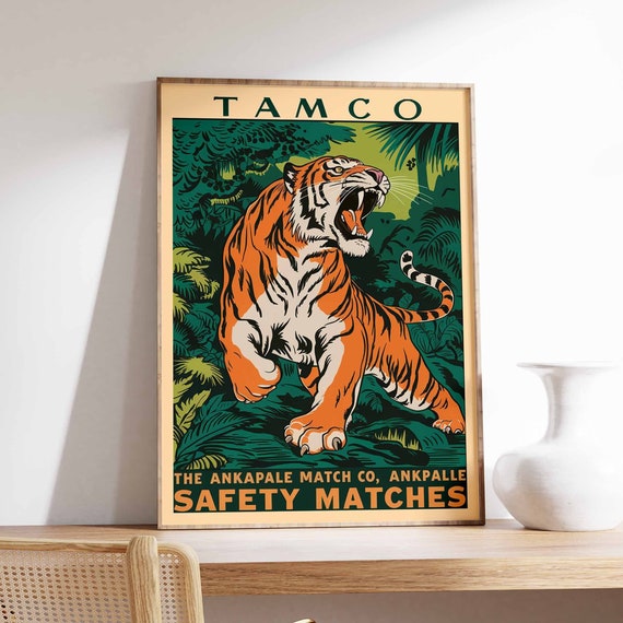 Vintage Tiger Print Indian Tiger Poster Tamco Matchbox Art Animal Print Animal Poster Animal Art Tropical Decor Jungle Art Tiger Art