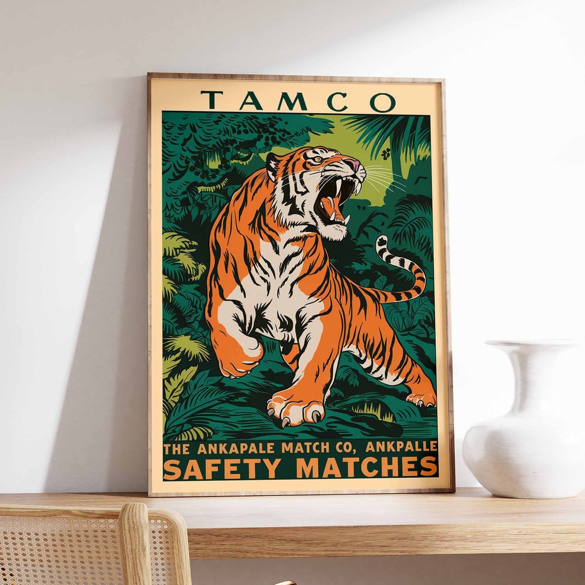 Vintage Tiger Print Indian Tiger Poster Tamco Matchbox Art Animal Print Animal Poster Animal Art Tropical Decor Jungle Art Tiger Art