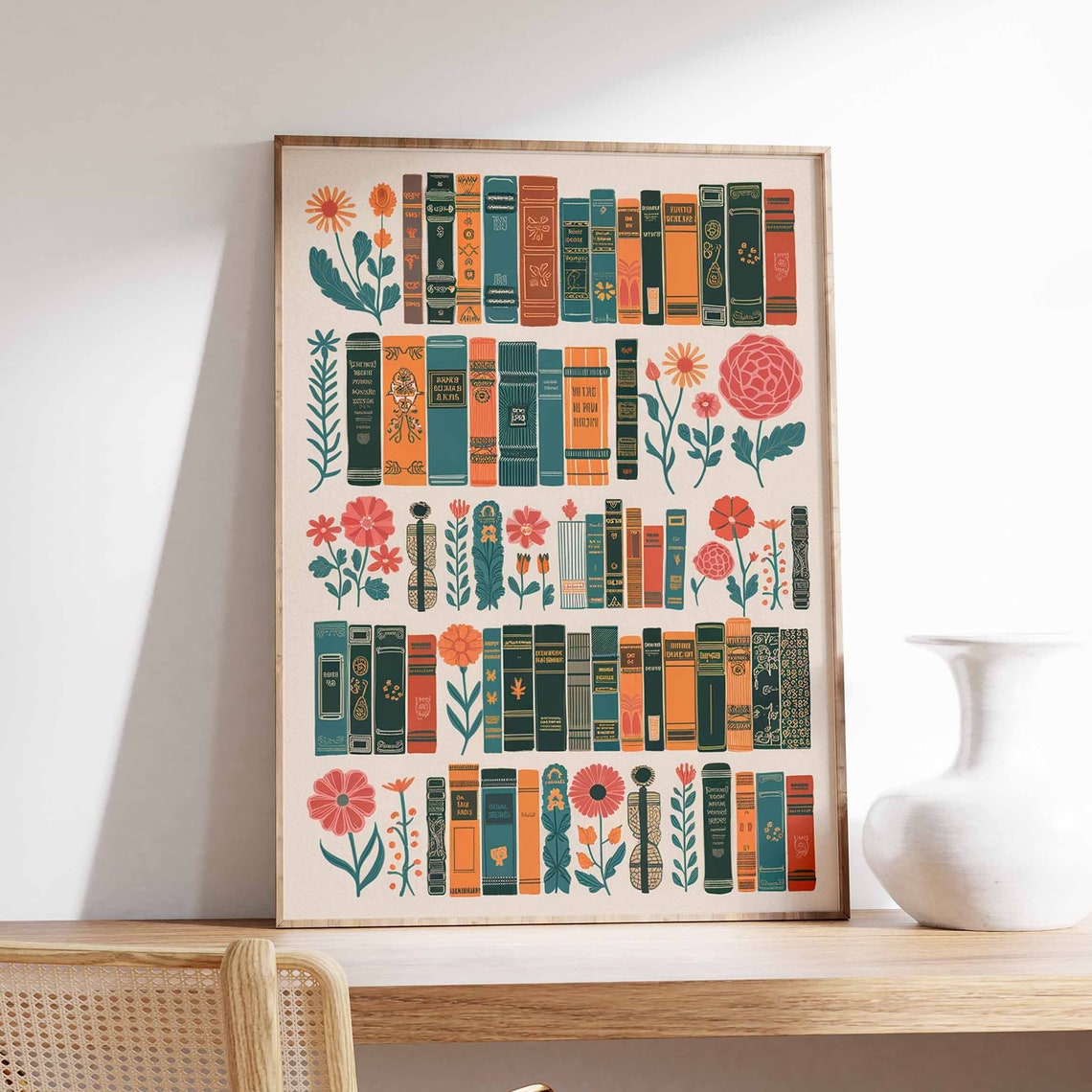 Vintage Library Book Rows with Wildflowers Botanical Book Poster