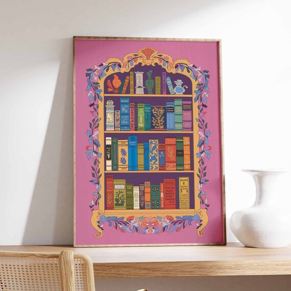 Magenta Ornate Bookshelf Fantasy Book Library Decor Wall Poster