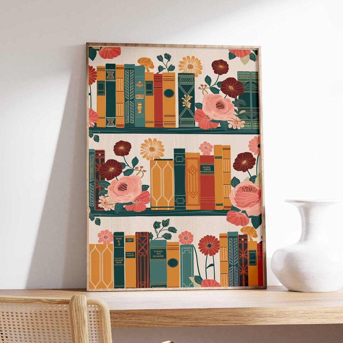 Teal and Orange Bookshelves with Pink Flowers Library Art Poster