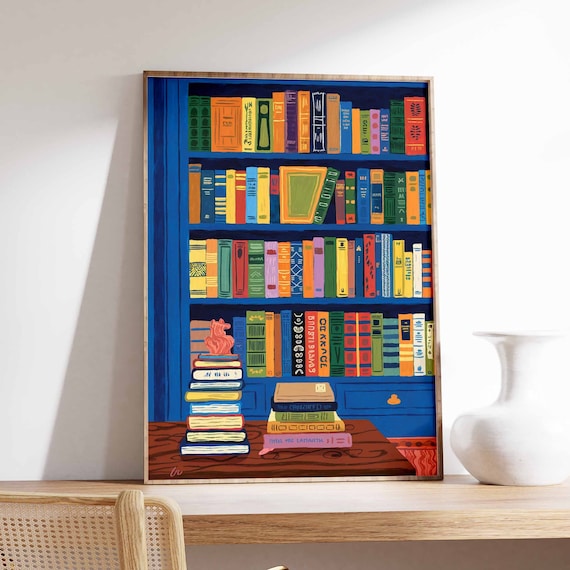 Blue Bookshelf Poster with Colorful Books and Stacks of Novels Art