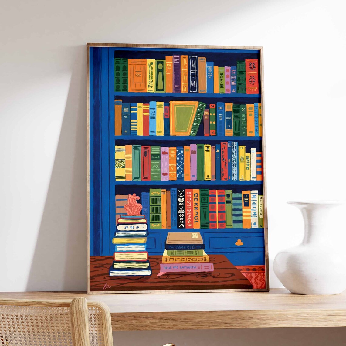 Blue Bookshelf Poster with Colorful Books and Stacks of Novels Art