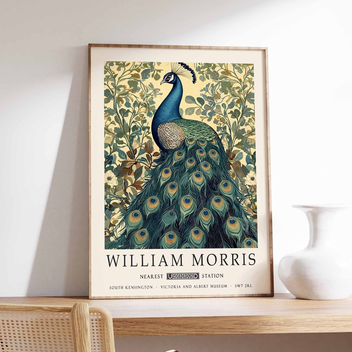 William Morris Peacock Vintage Cream Leafy Botanical Art Poster