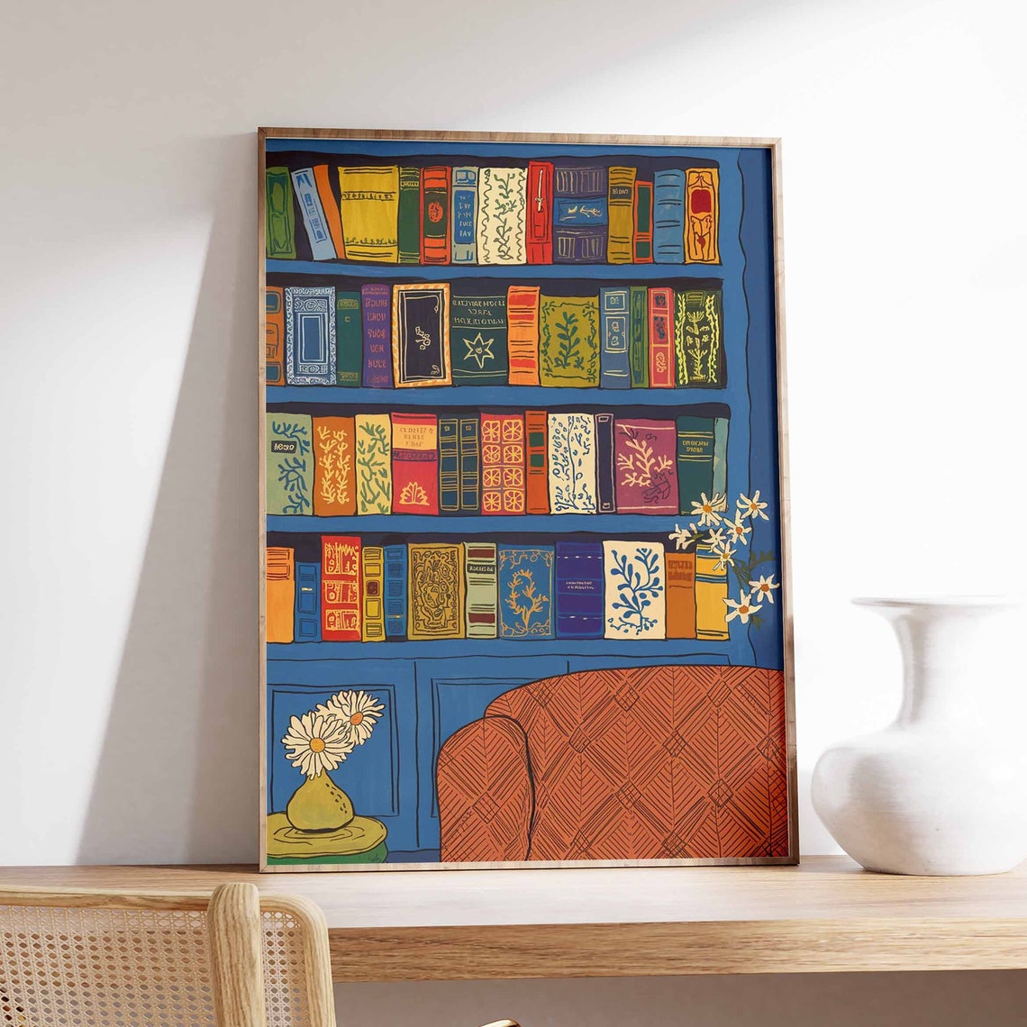 Blue Bookshelf With Orange Armchair Cozy Library Wall Poster