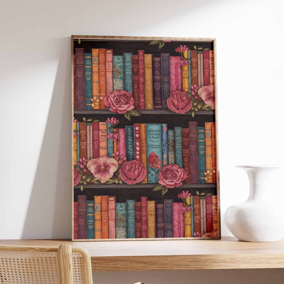 Dark Wood Bookshelf with Pink Peonies Vintage Library Poster