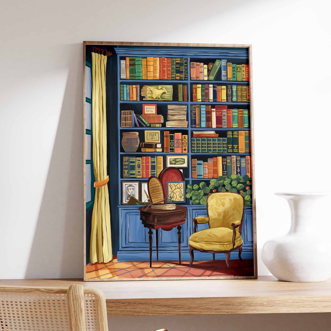 Blue Library Corner Yellow Armchair Cozy Reading Nook Poster
