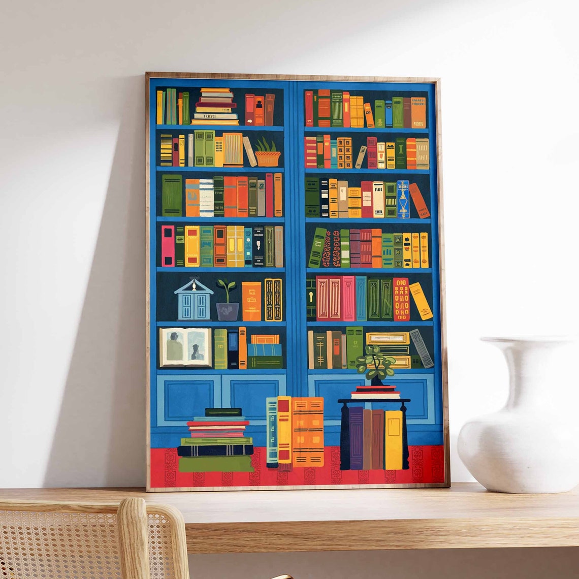 Blue Bookshelf With Stacks Of Books Reading Corner Wall Poster