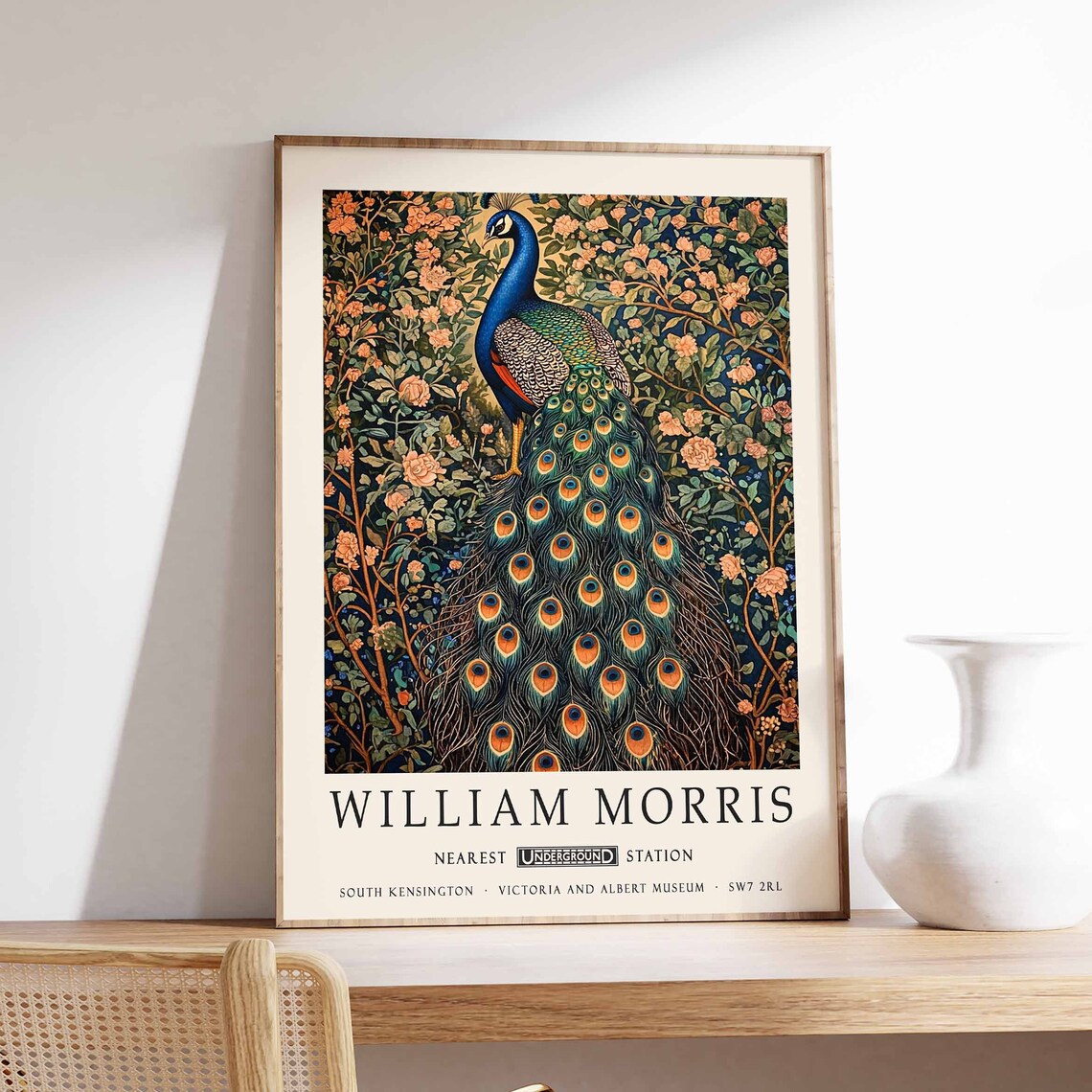 William Morris Peacock with Rose Garden Vintage Botanical Poster