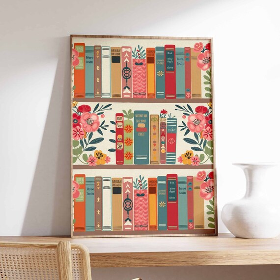 Colorful Bookshelf Rows with Pink Flowers Library Art Poster