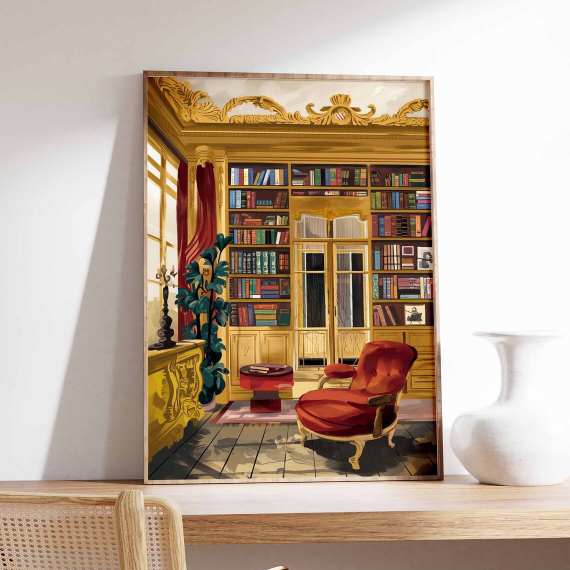 Ornate Library Poster with Red Armchair and Golden Bookshelves Art