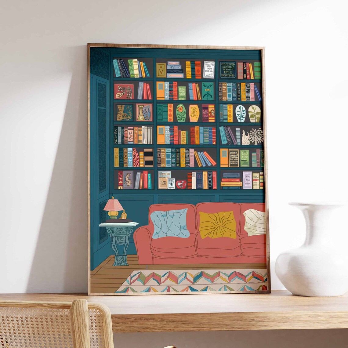 Teal Library With Red Sofa Cozy Reading Room Wall Decor Poster