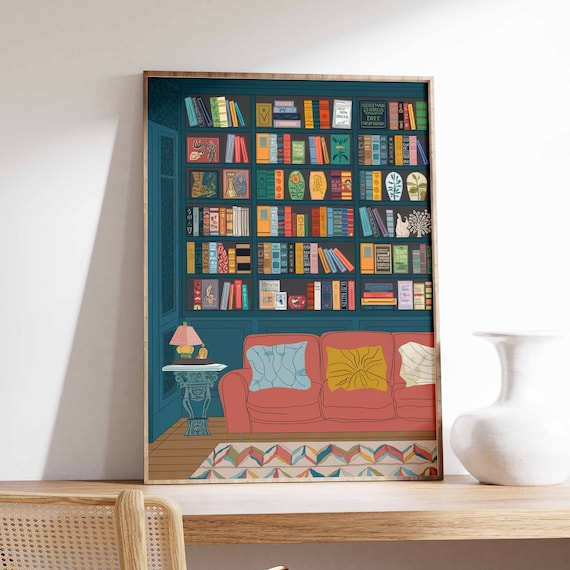 Teal Library With Red Sofa Cozy Reading Room Wall Decor Poster