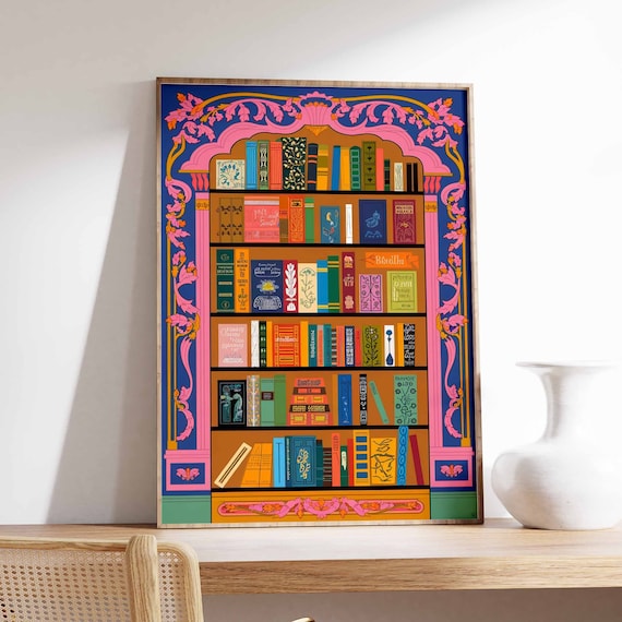 Colorful Ornate Vintage Bookshelf Library Reading Nook Poster