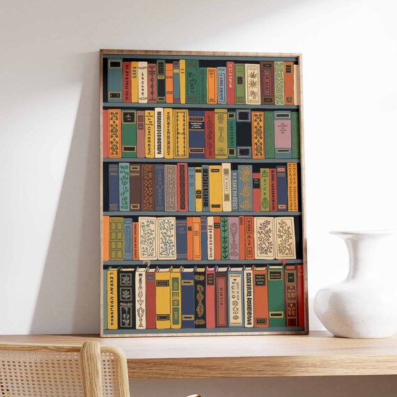 Vintage Bookshelf Poster with Illustrated Classic Book Spines Collection