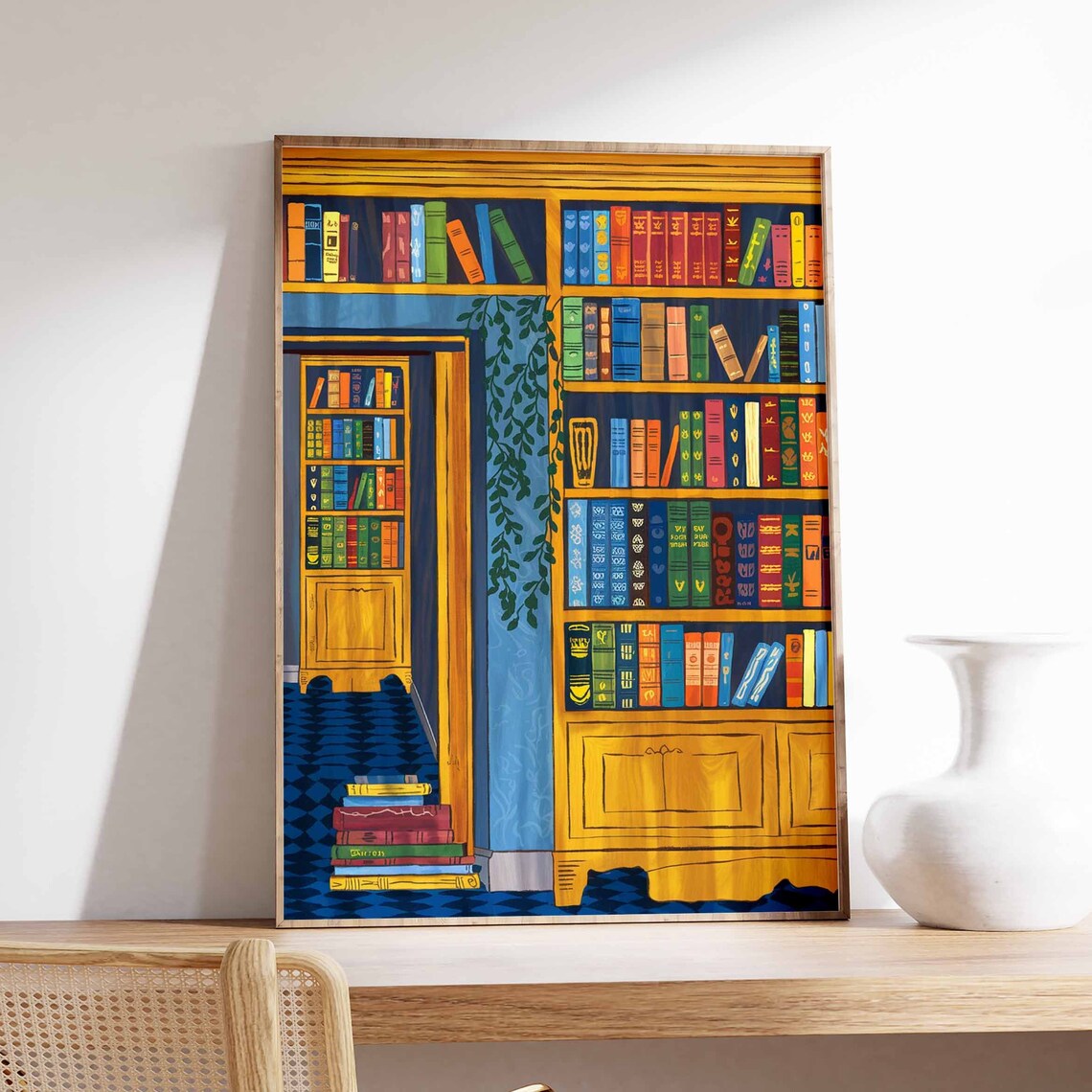 Library Doorway Poster with Golden Bookshelves and Secret Wooden Door
