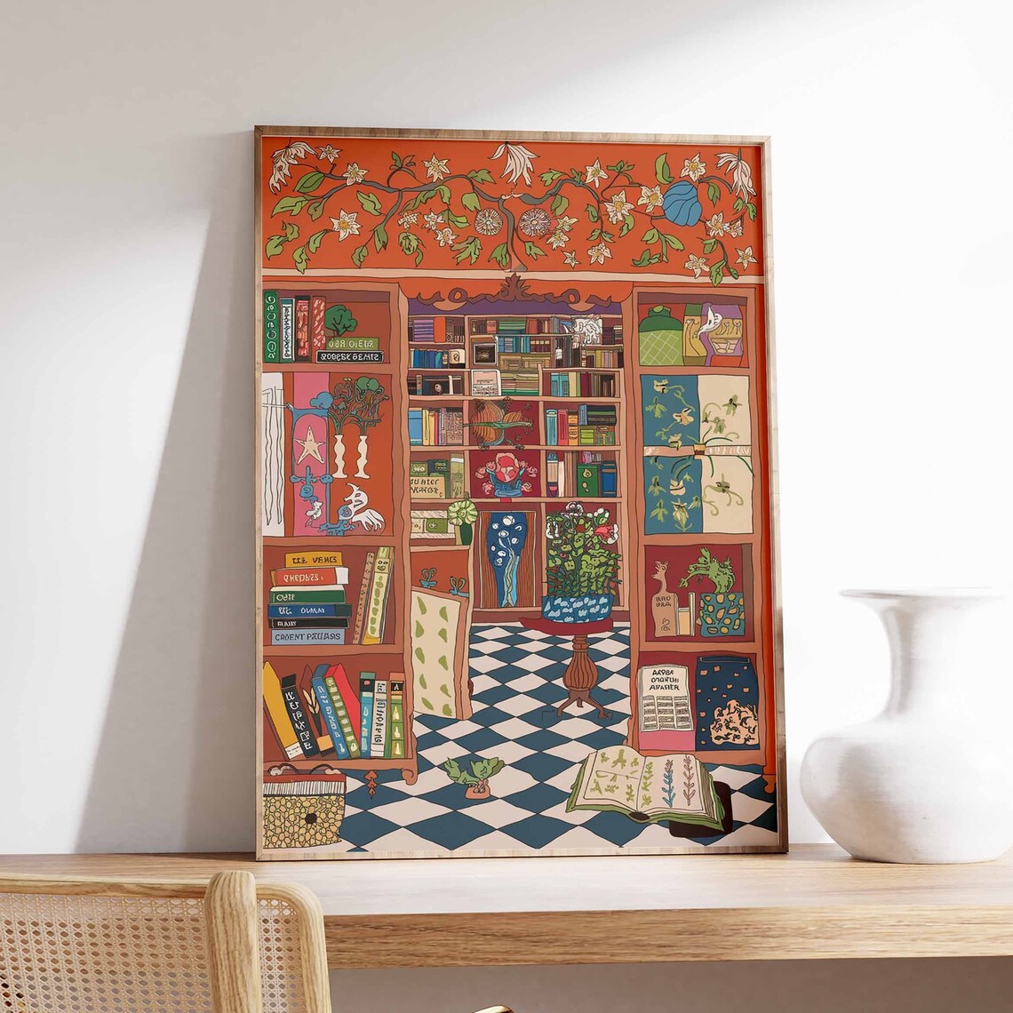 Cozy Book Nook Poster with Terracotta Library and Checkered Floor Art