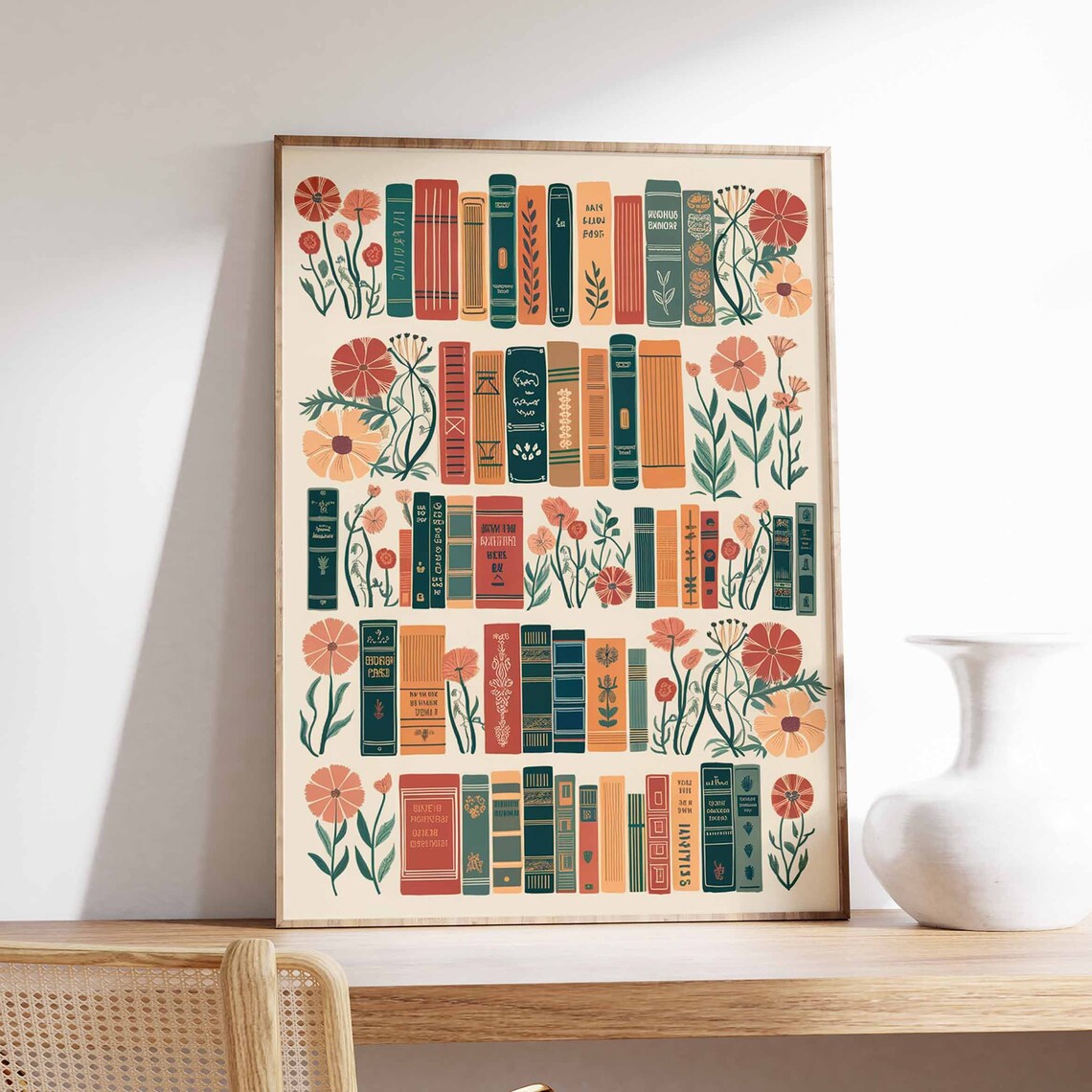 Vintage Library Book Spines with Red Poppies Reading Room Poster