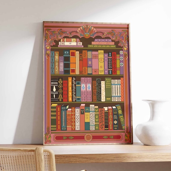 Colorful Antique Bookshelf Stacked Books Pink Frame Library Poster