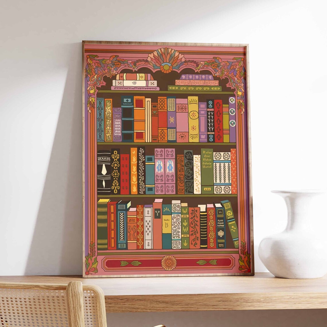 Colorful Antique Bookshelf Stacked Books Pink Frame Library Poster