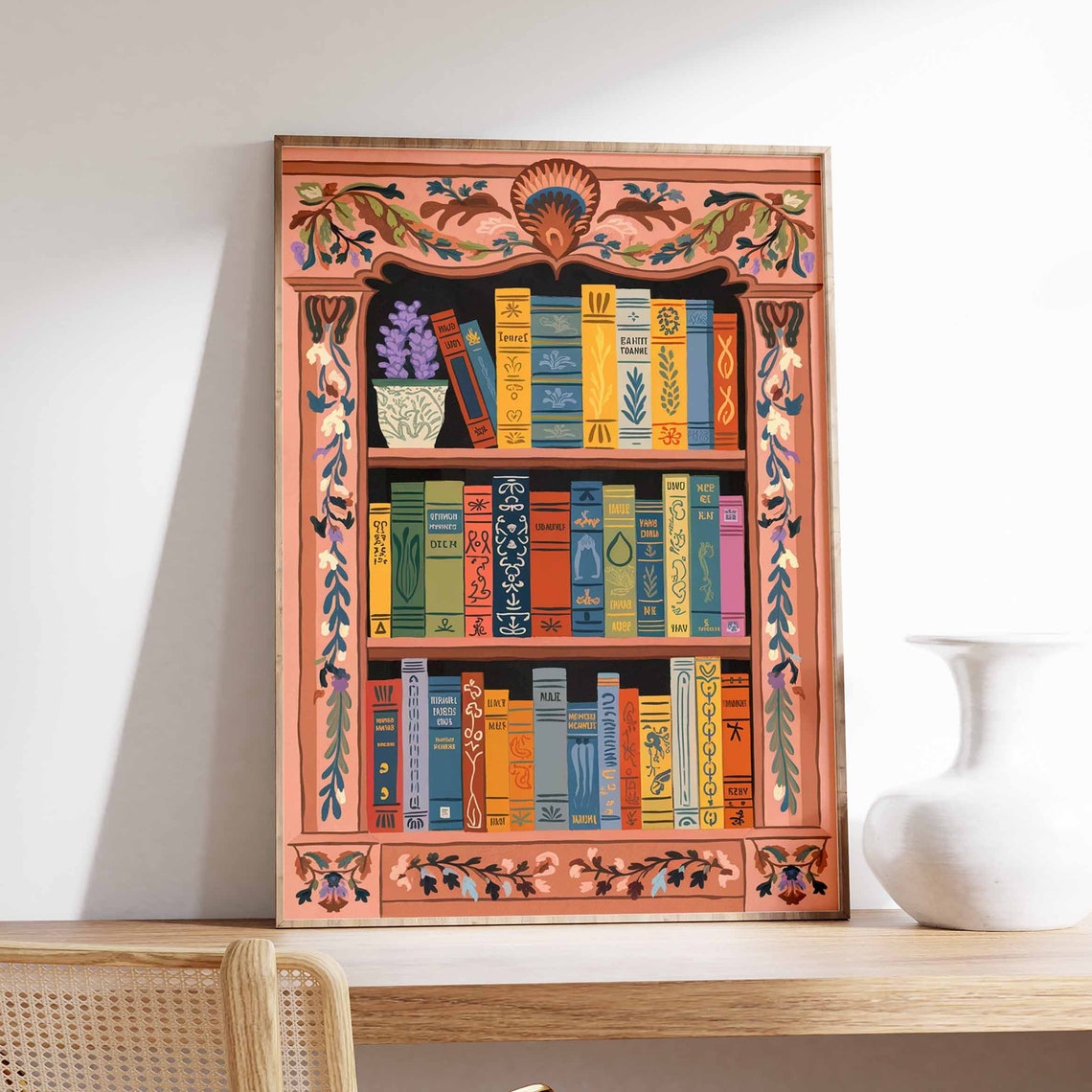 Ornate Peach Bookshelf Vintage Library Floral Frame Art Poster