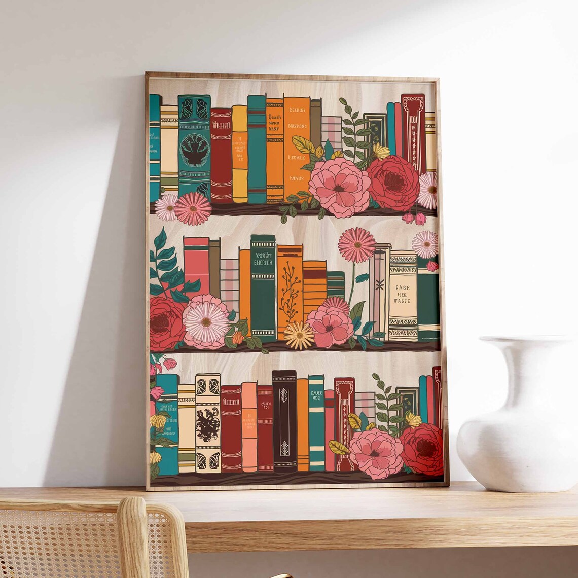 Wooden Bookshelf with Red Roses Vintage Reading Room Art Poster