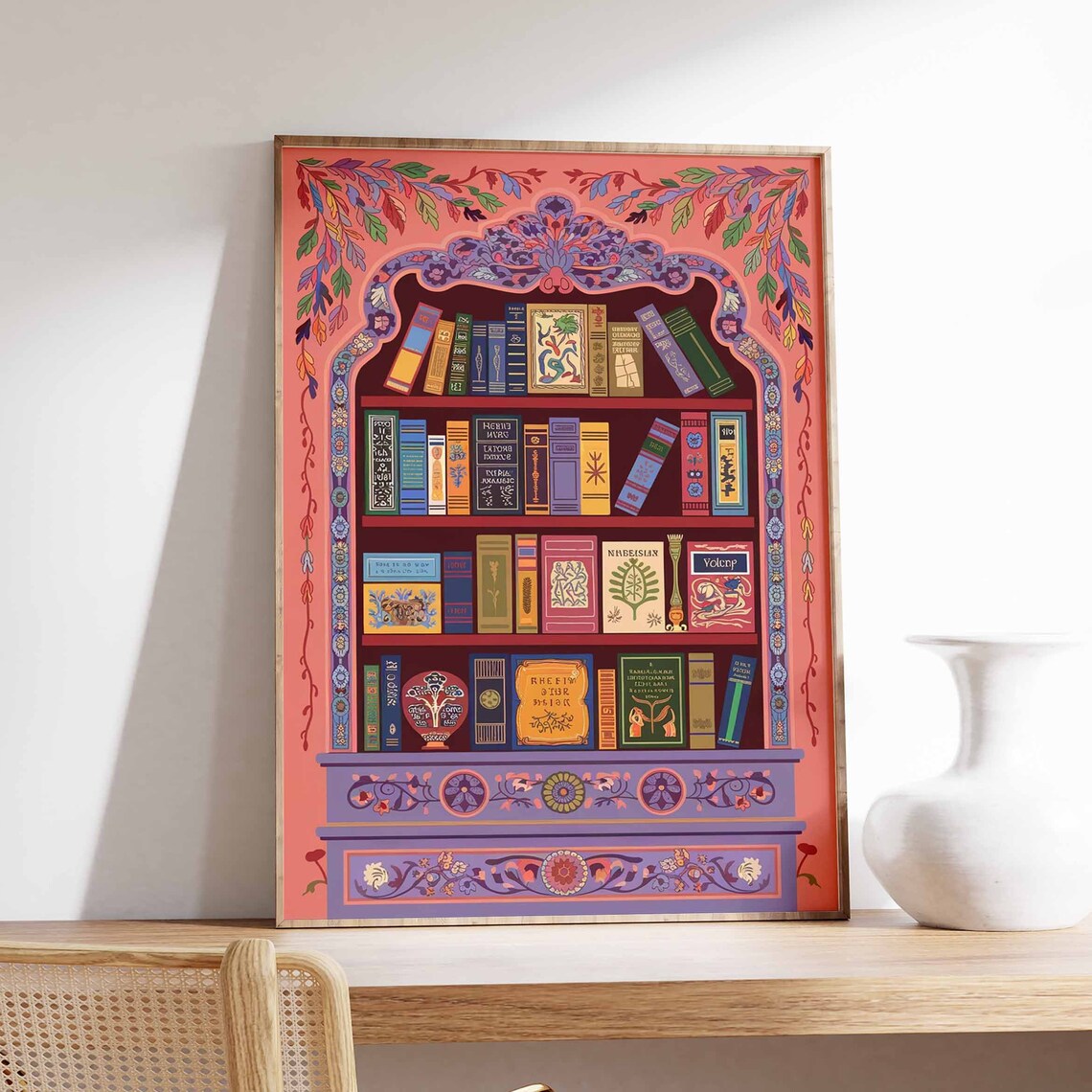 Coral Indian Ornate Bookshelf Traditional Decor Book Wall Poster