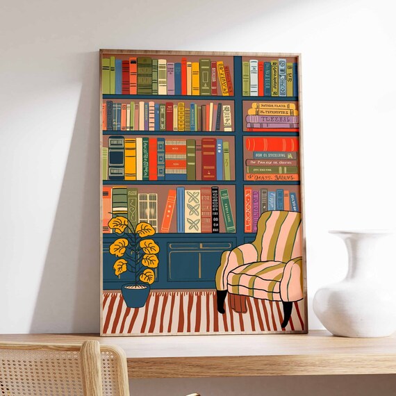 Navy Bookshelf With Striped Armchair Plant Reading Wall Poster