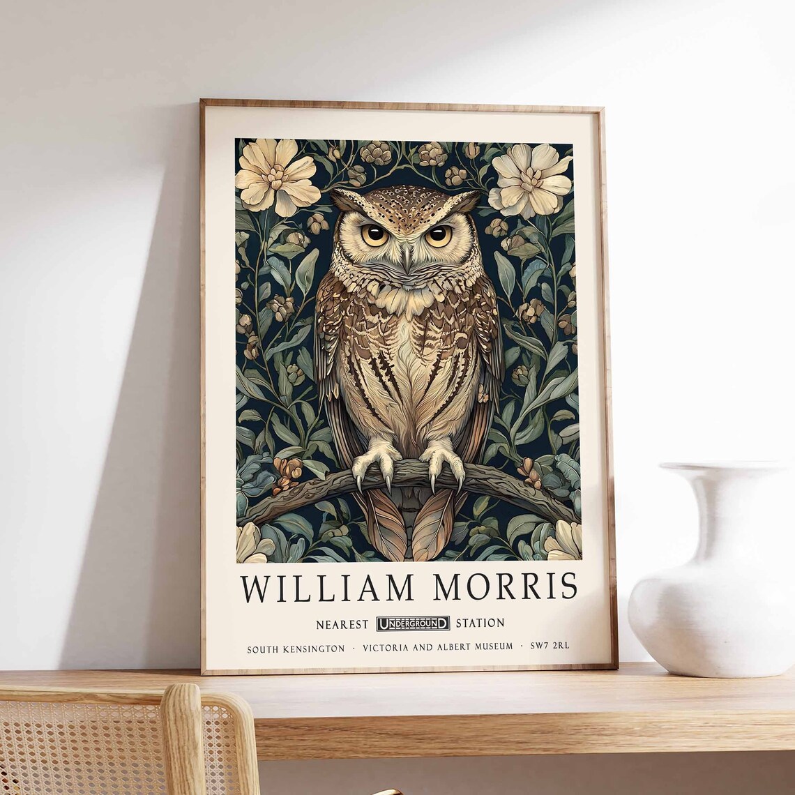 William Morris Owl on Branch Among Blossoms Botanical Night Poster