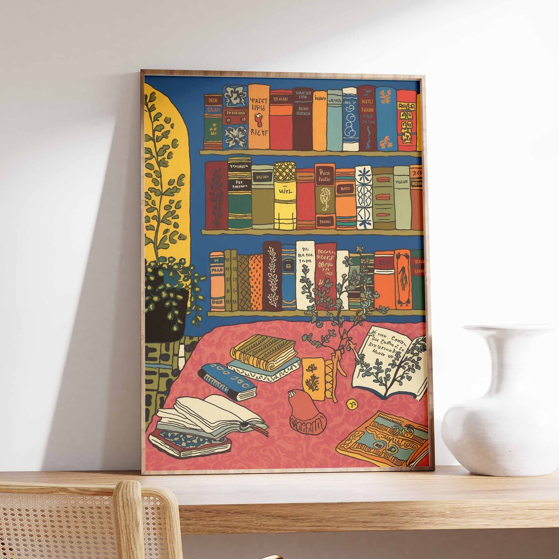 Blue Bookshelf With Stacked Books Reading Corner Wall Poster