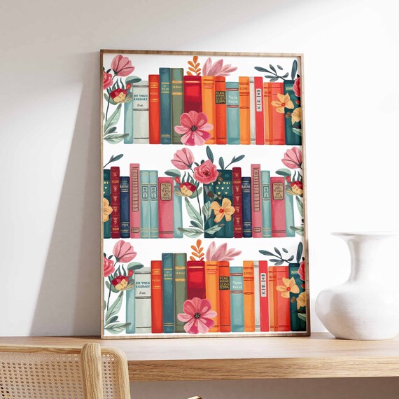 Vintage Library Bookshelf with Pink Flowers for Book Lovers Poster