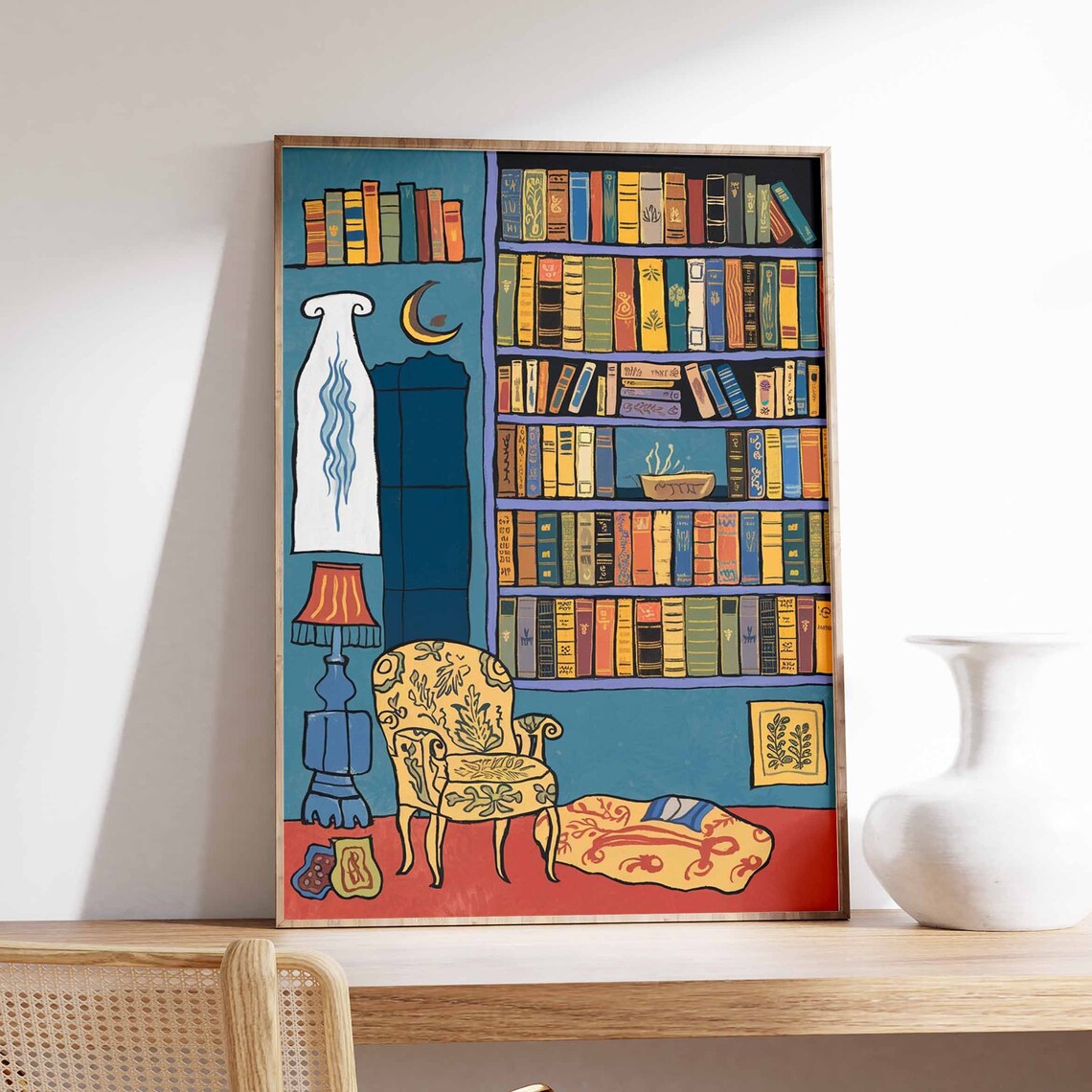 Cozy Library Reading Nook Moon Armchair Book Lover Wall Poster