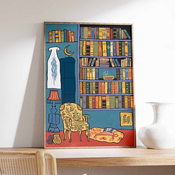 Cozy Library Reading Nook Moon Armchair Book Lover Wall Poster