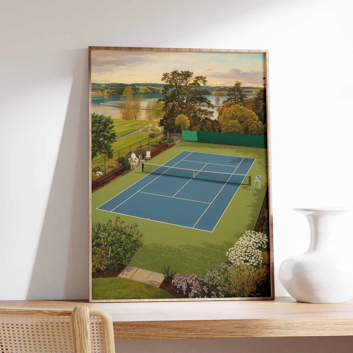Classic Tennis Court Lakeside Sunset Match Scene Vintage Poster