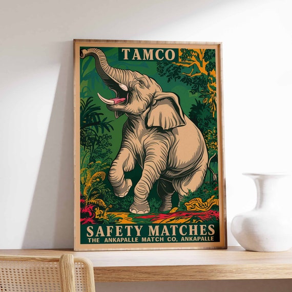 Vintage Elephant Print Indian Elephant Poster Matchbox Art Tropical Decor Botanical Art Tropical Print Animal Print Jungle Decor