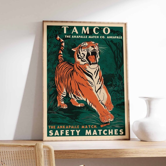 Vintage Tiger Print Indian Tiger Poster Tamco Matchbox Art Animal Print Animal Poster Animal Art Tropical Decor Jungle Art Tiger Art