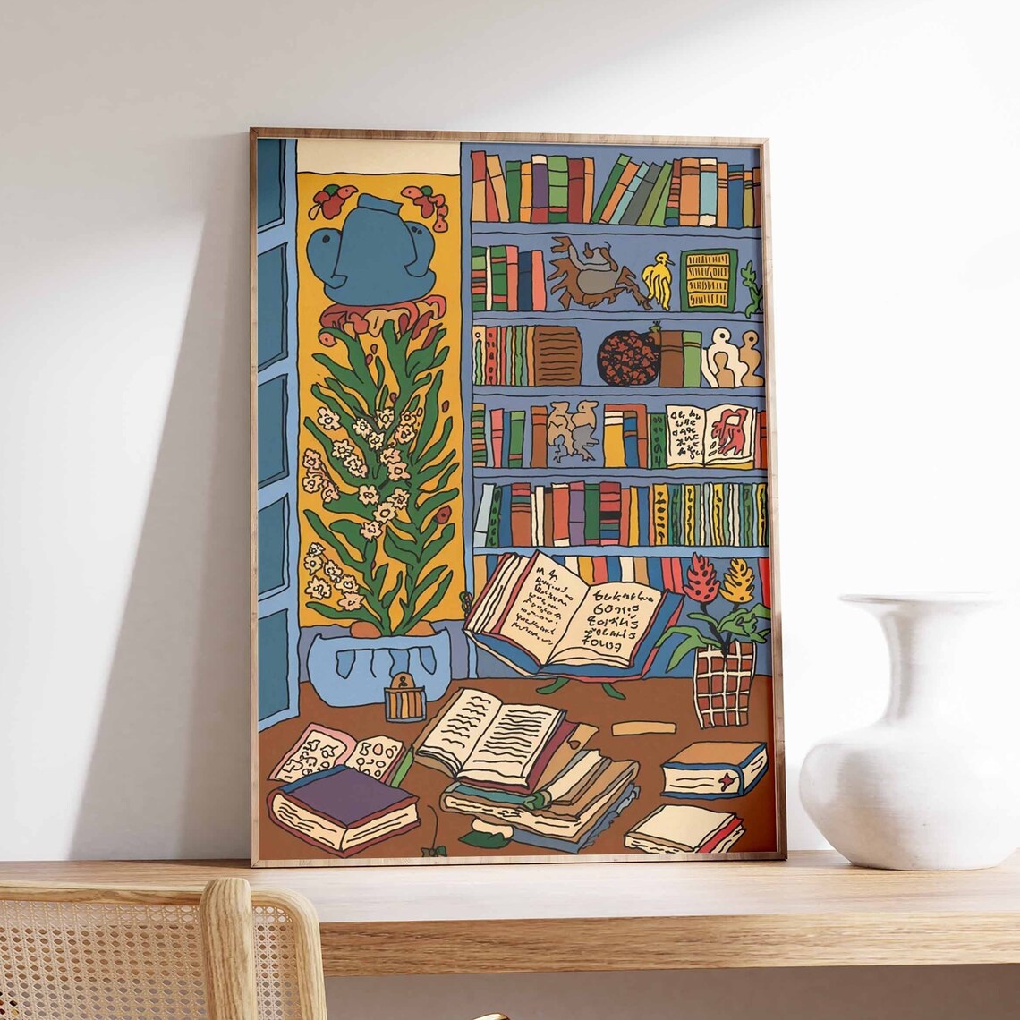 Whimsical Library Poster with Teapot Plants and Open Books Illustration