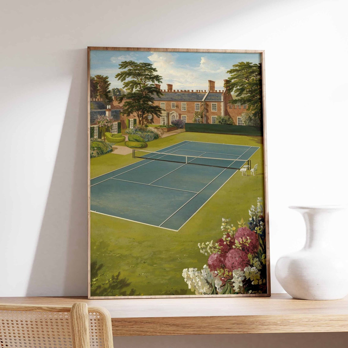 Tennis Court Brick Manor Hydrangea Garden Scene Vintage Poster