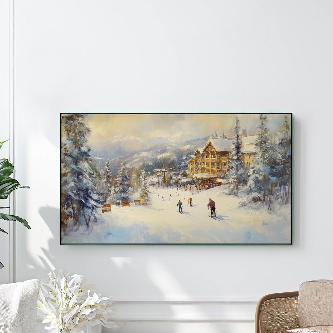 Winter Ski Resort Lodge Snowy Pines Skiers Mountain Village Poster - Image 2