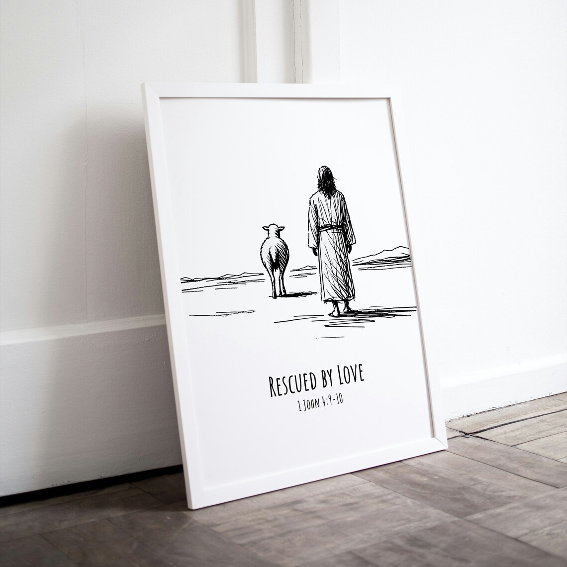 Rescued by Love 1 John 4 9-10 Jesus Good Shepherd Sheep Line Art Poster - Image 2