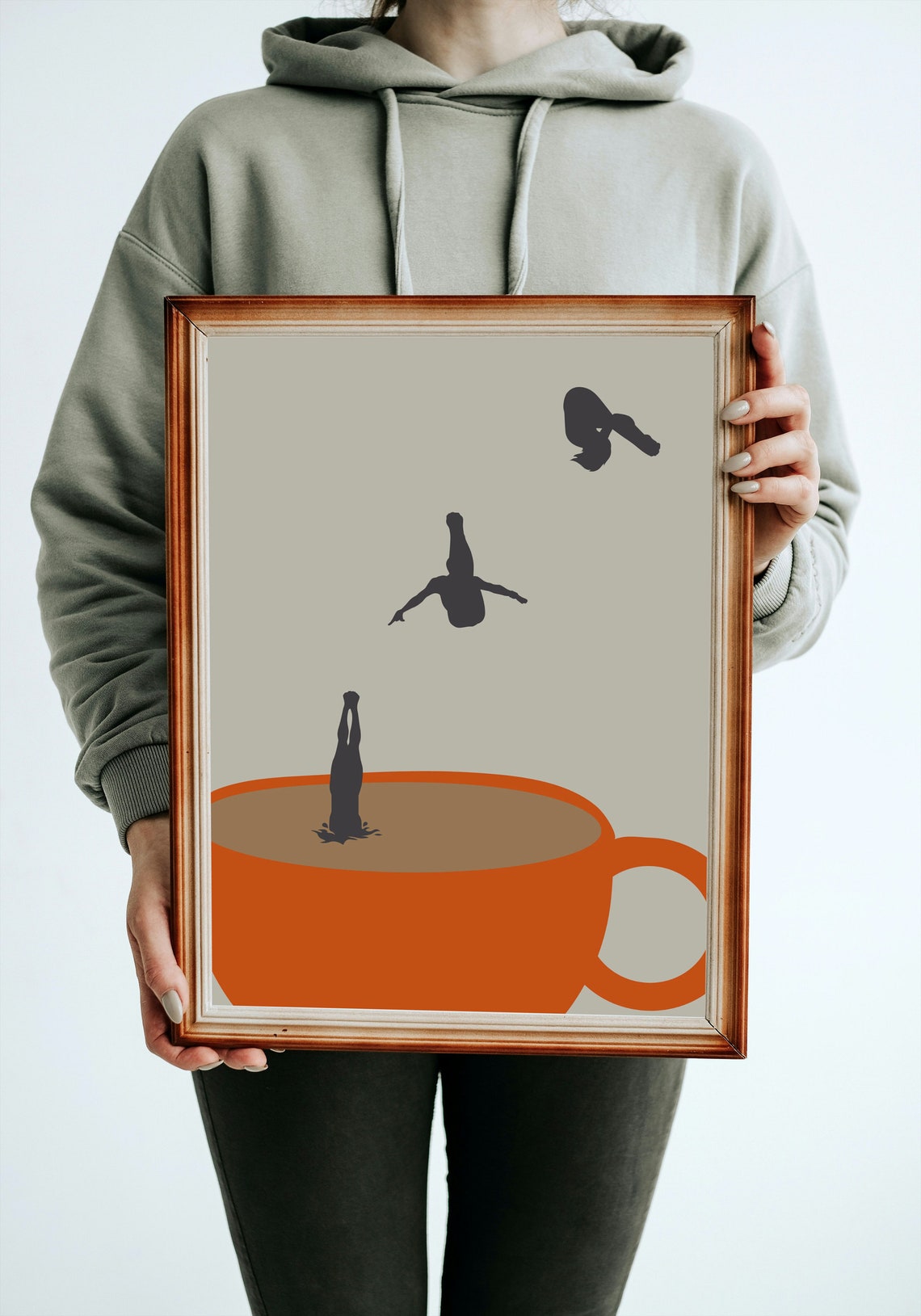 Three Divers Leaping Into Orange Coffee Cup Silhouette Art Poster - Image 2