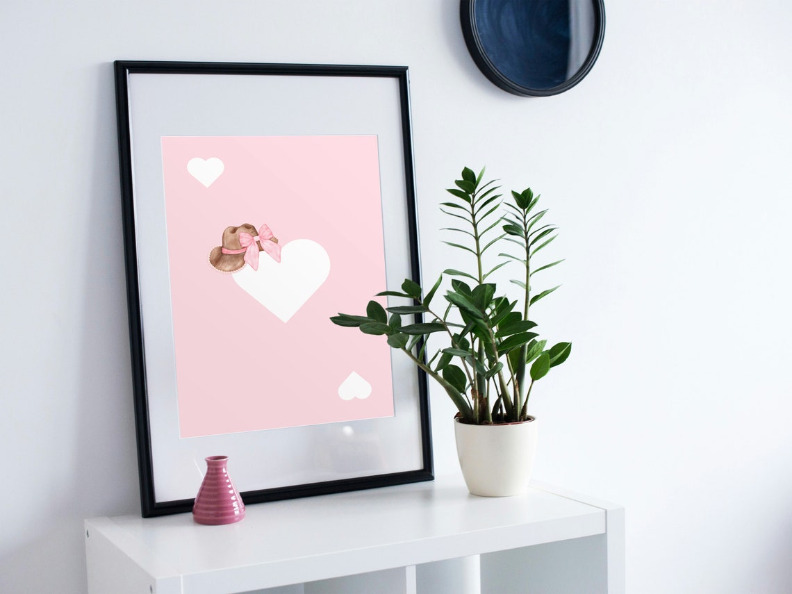 Pink Cowboy Hat With Bow And Hearts Coquette Watercolor Wall Poster - Image 2