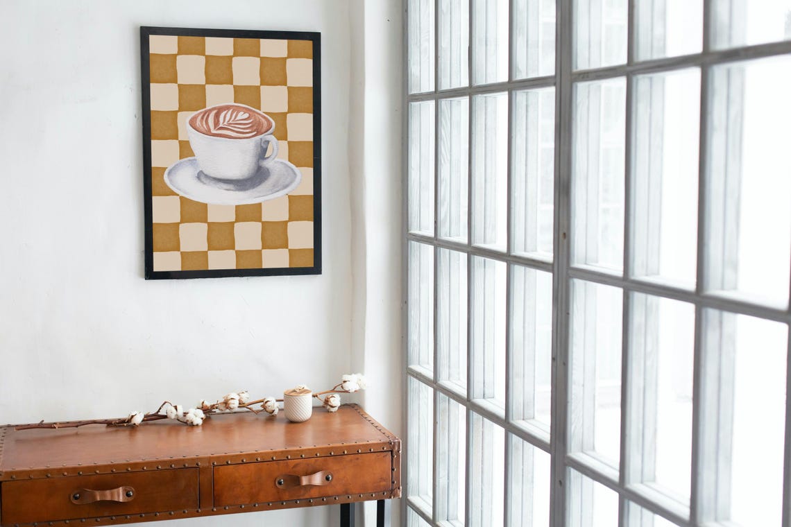 Cappuccino Cup Latte Art Watercolor Print Mustard Checkerboard Art - Image 2