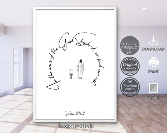 In the Arms of the Good Shepherd Psalm 23 1-2 Jesus Line Art Christian Poster